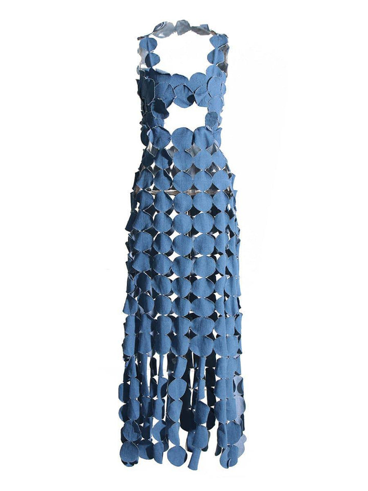 Shakira Multi-Circle Upcycled Denim Maxi Dress - Hot fashionista