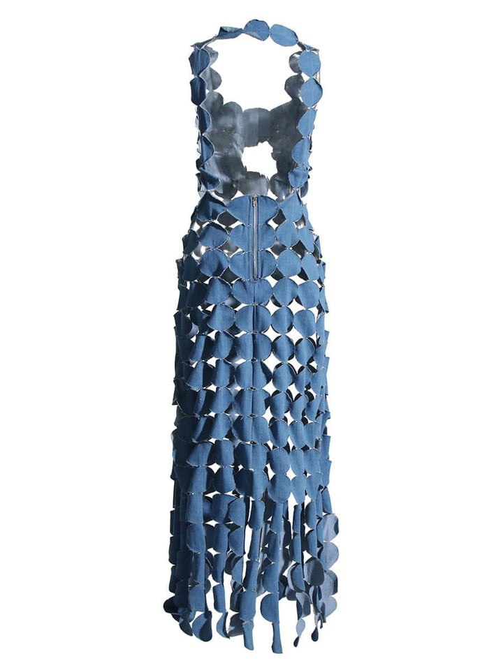 Shakira Multi-Circle Upcycled Denim Maxi Dress - Hot fashionista