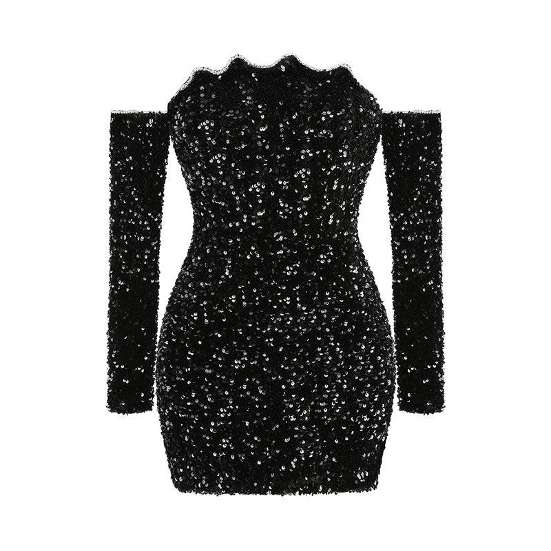 Sisley Black Patchwork Sequins Slimming Mini Dress