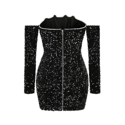 Robe courte amincissante en patchwork de sequins noirs Sisley