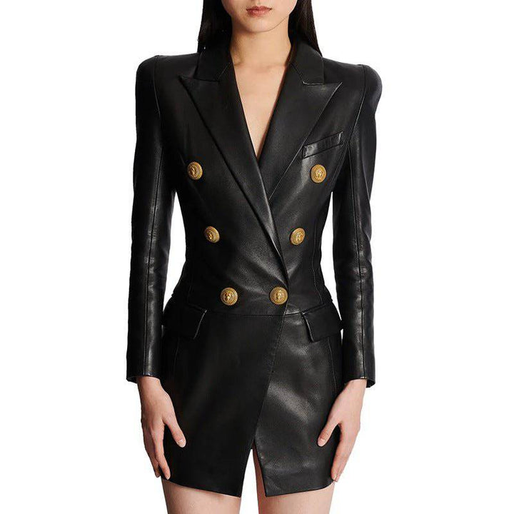 Theodora Long Sleeve Button Details Leather Mini Dress - Hot fashionista