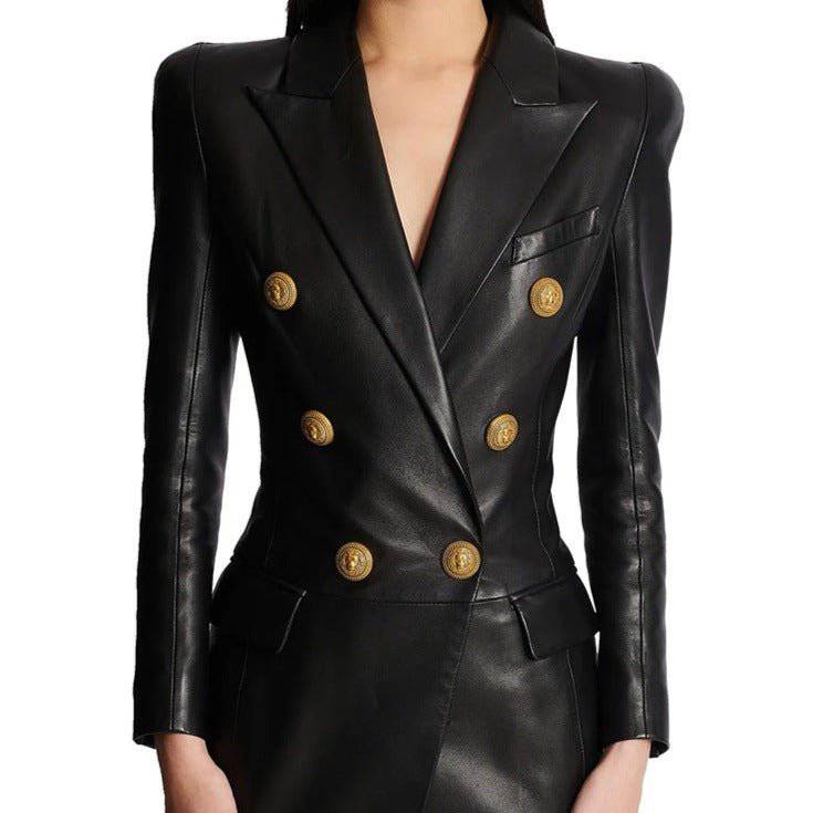 Theodora Long Sleeve Button Details Leather Mini Dress - Hot fashionista