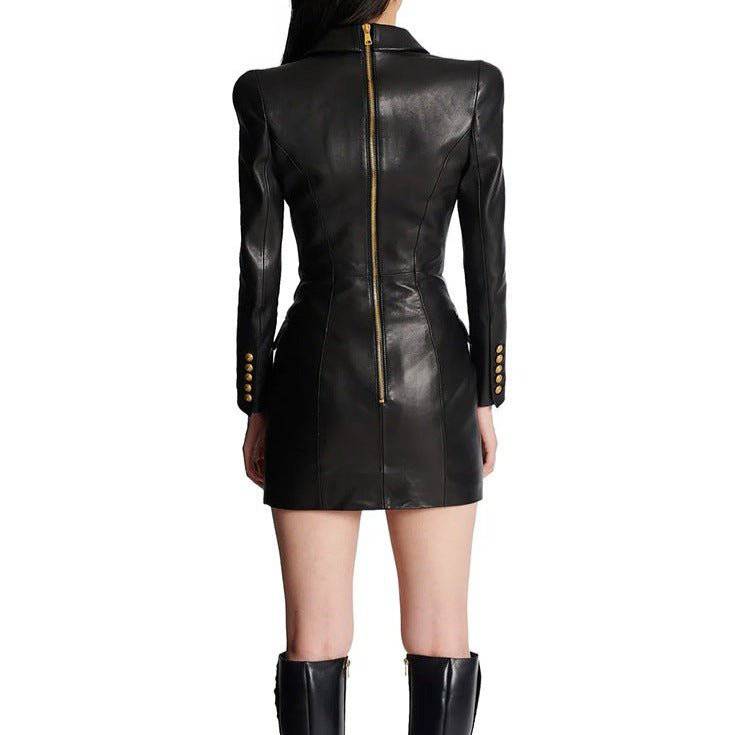 Theodora Long Sleeve Button Details Leather Mini Dress - Hot fashionista