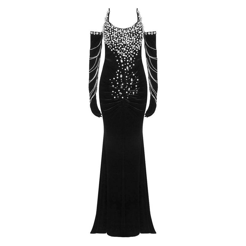 Robe longue bustier fendue devant avec cristaux et perles Tiera