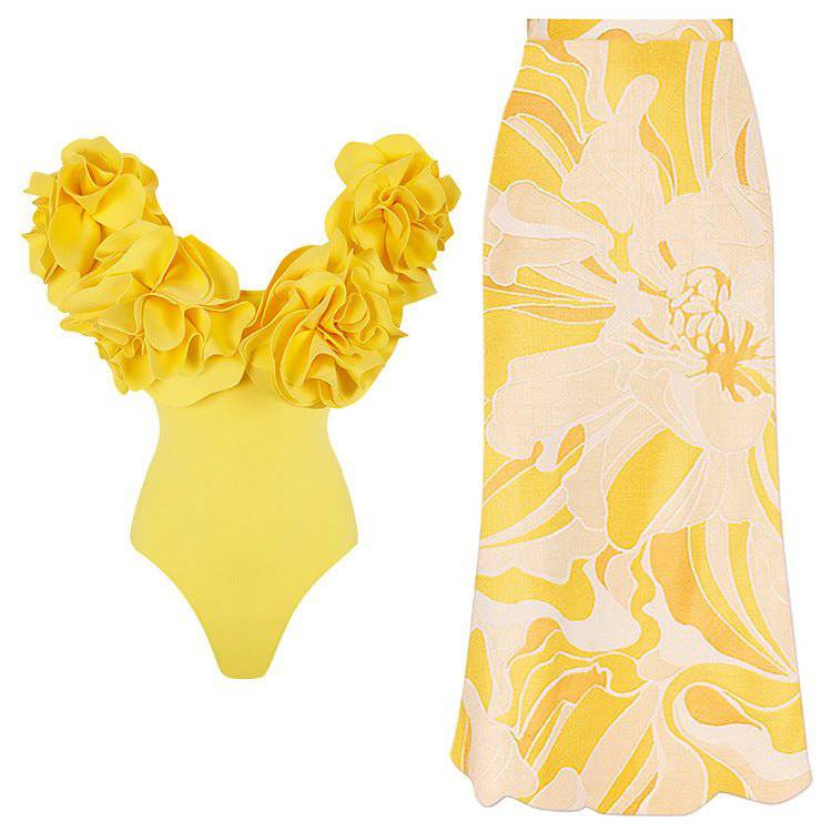 Ensemble maillot de bain à volants 3D et paréo fleuri Vicki