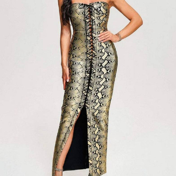 Vickie Strapless Snakeskin Print Front Lace Up Maxi Dress - Hot fashionista