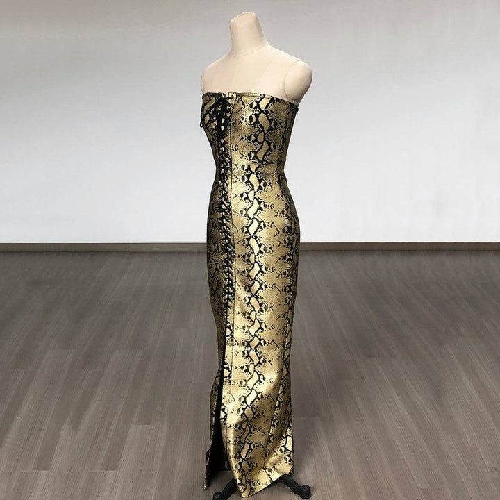 Vickie Strapless Snakeskin Print Front Lace Up Maxi Dress - Hot fashionista