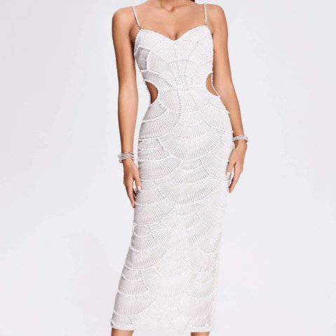 Ysa Spaghetti Strap Pearl Embellished Midi Dress - Hot fashionista