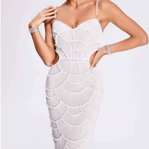 Ysa Spaghetti Strap Pearl Embellished Midi Dress - Hot fashionista