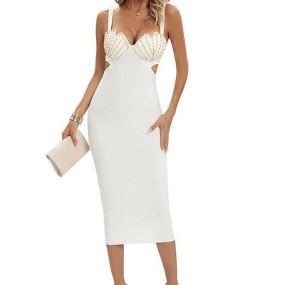 Vickey Beaded Sweetheart Neck Side Cut Out Midi Dress