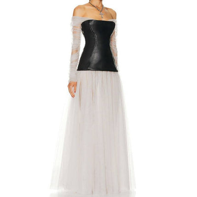 Robe longue en tulle à épaules dénudées et manches longues avec corset Carey