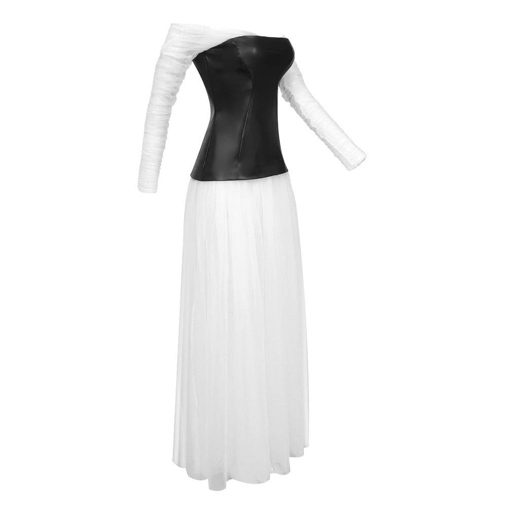 Robe longue en tulle à épaules dénudées et manches longues avec corset Carey