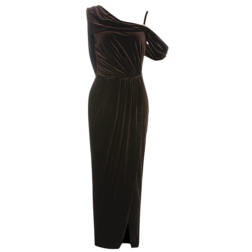 Carron Asymmetrical Neck Wrap Hem Velvet Maxi Dress - Hot fashionista