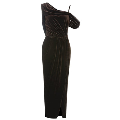 Carron Asymmetrical Neck Wrap Hem Velvet Maxi Dress