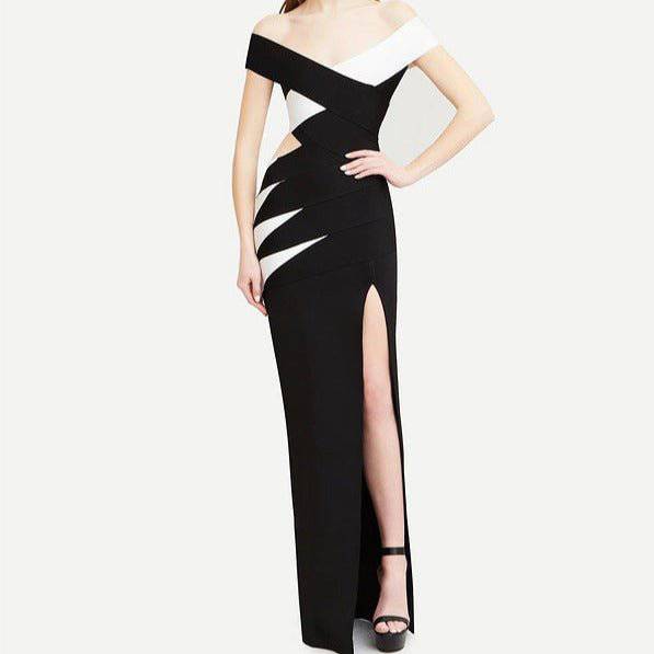 Elanor Off The Shoulder Side Slit Two Toned Maxi Dress - Hot fashionista