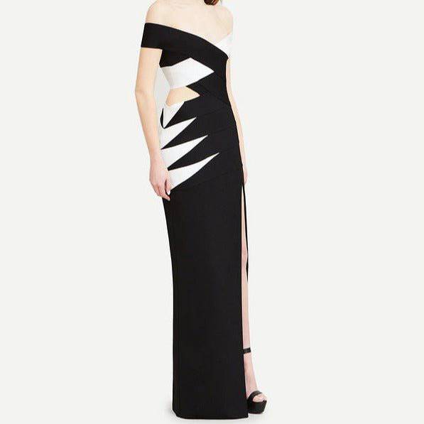 Elanor Off The Shoulder Side Slit Two Toned Maxi Dress - Hot fashionista