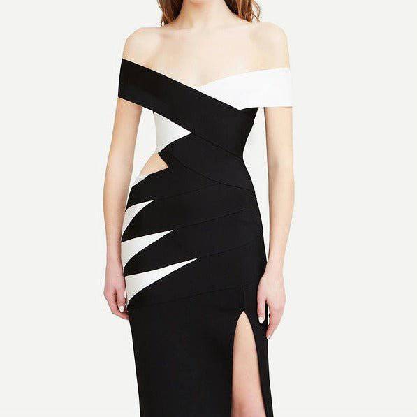 Elanor Off The Shoulder Side Slit Two Toned Maxi Dress - Hot fashionista