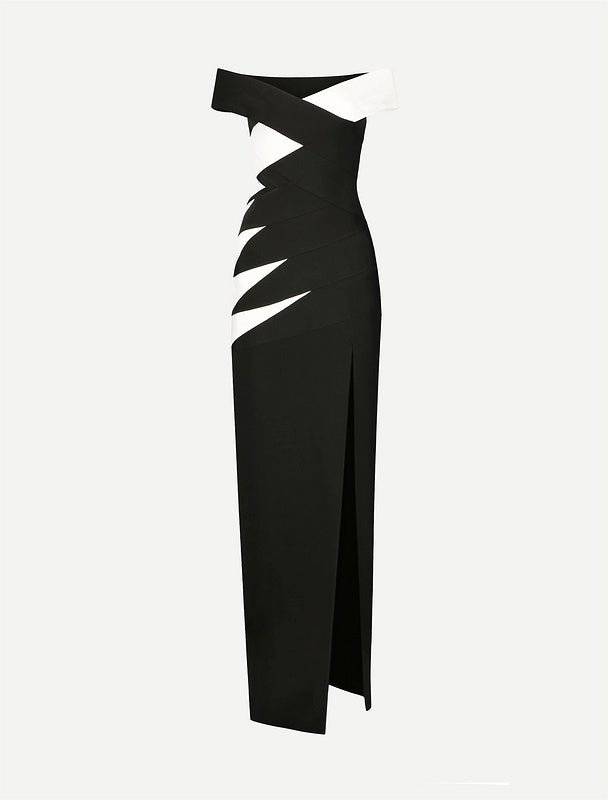 Elanor Off The Shoulder Side Slit Two Toned Maxi Dress - Hot fashionista