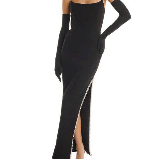 Lauraine Black Strapless Side Slit Maxi Dress with Gloves - Hot fashionista