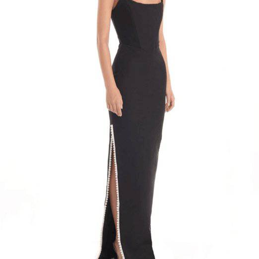 Lauraine Black Strapless Side Slit Maxi Dress with Gloves