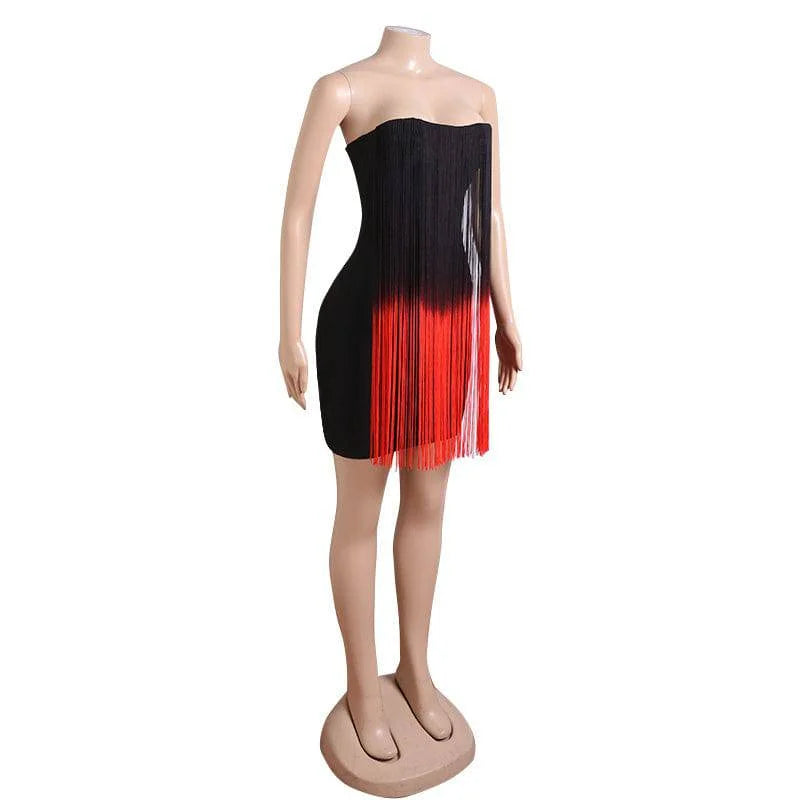 Lina Strapless Two Toned Fringe Mini Dress