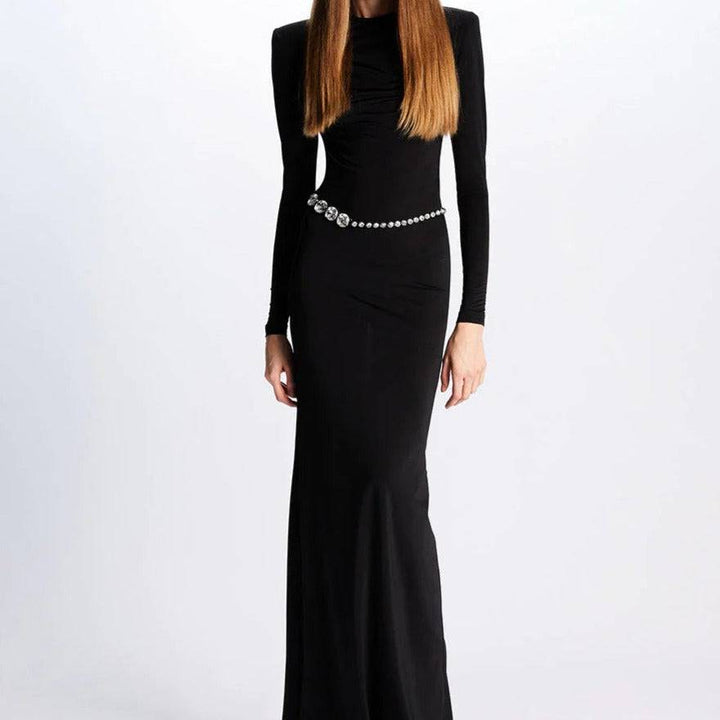 Lucy Long Sleeve Crystal Embellished Backless Maxi Dress - Hot fashionista