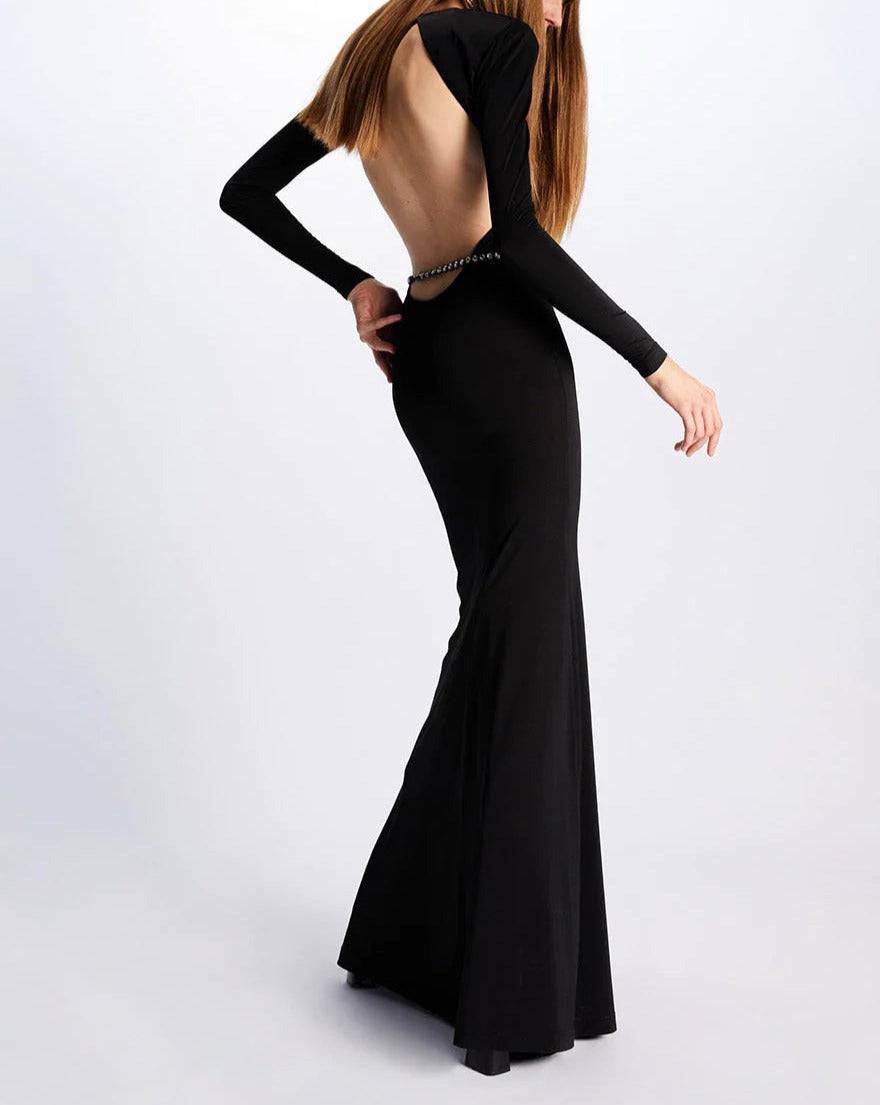 Lucy Long Sleeve Crystal Embellished Backless Maxi Dress - Hot fashionista