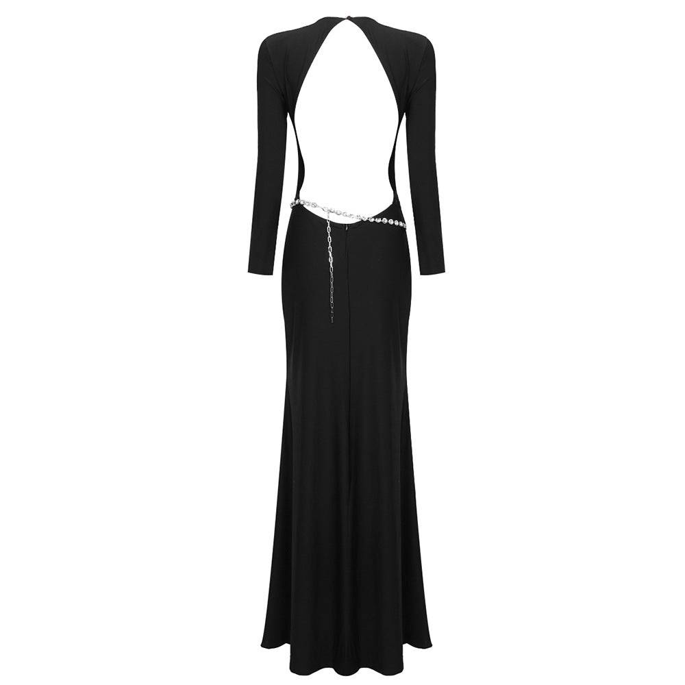 Lucy Long Sleeve Crystal Embellished Backless Maxi Dress