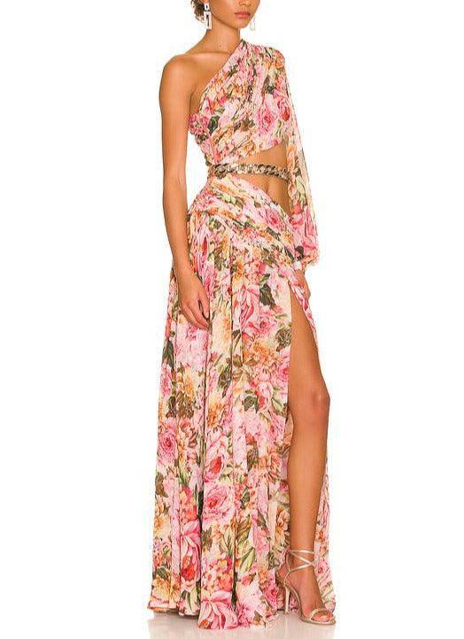 Mary Floral One Shoulder Sleeve Maxi Slit Dress