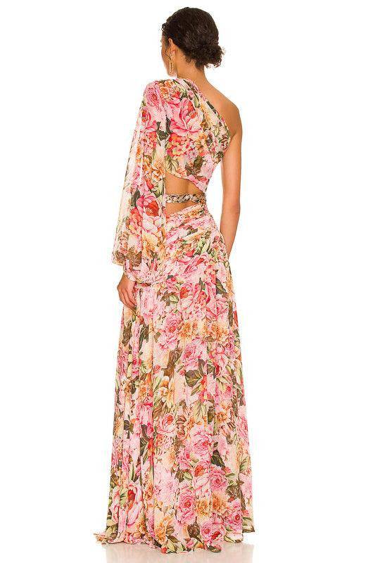 Mary Floral One Shoulder Sleeve Maxi Slit Dress - Hot fashionista