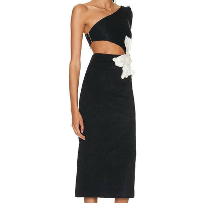 Milly One-Shoulder Flower Applique Midi Dress