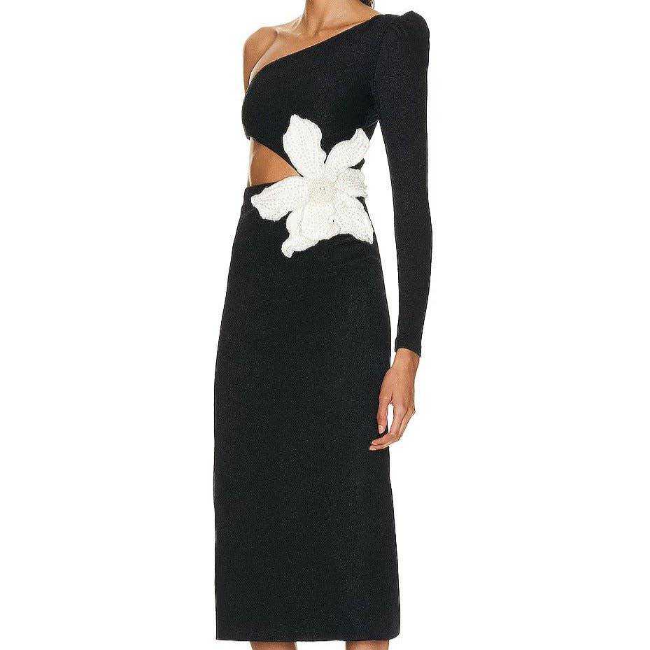 Milly One-Shoulder Flower Applique Midi Dress