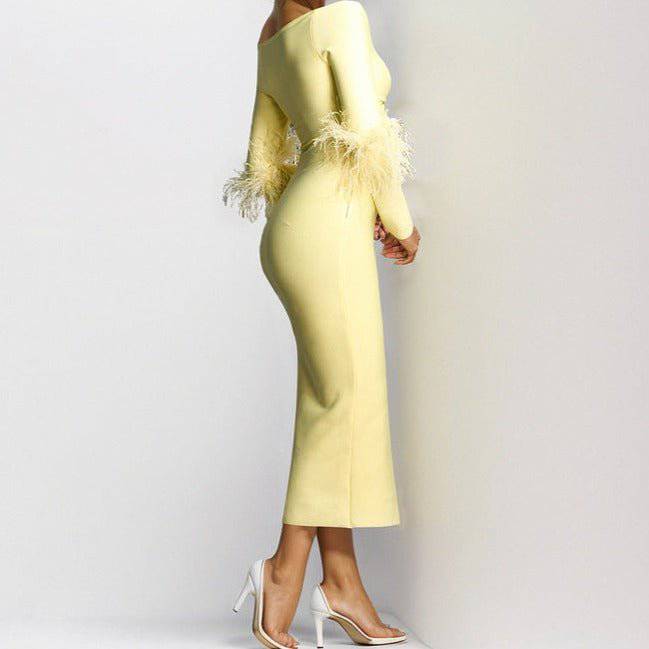 Minnie Long Sleeve Feather Detail Midi Dress