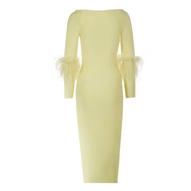 Minnie Long Sleeve Feather Detail Midi Dress - Hot fashionista