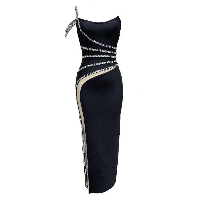 Robe longue bustier à bretelles en strass Montana