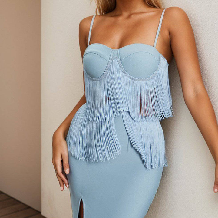 Norah Fringe Trim Split Thigh Bustier Cami Midi Dress - Hot fashionista