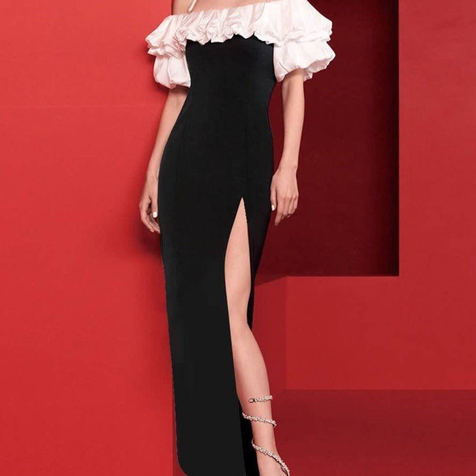 Olivia Off Shoulder Ruffle Trim Color Block Side Slit Maxi Dress - Hot fashionista