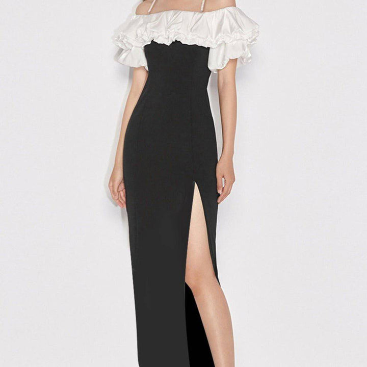 Olivia Off Shoulder Ruffle Trim Color Block Side Slit Maxi Dress - Hot fashionista