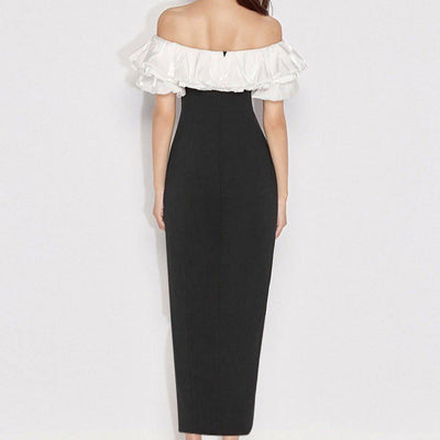 Olivia Off Shoulder Ruffle Trim Color Block Side Slit Maxi Dress