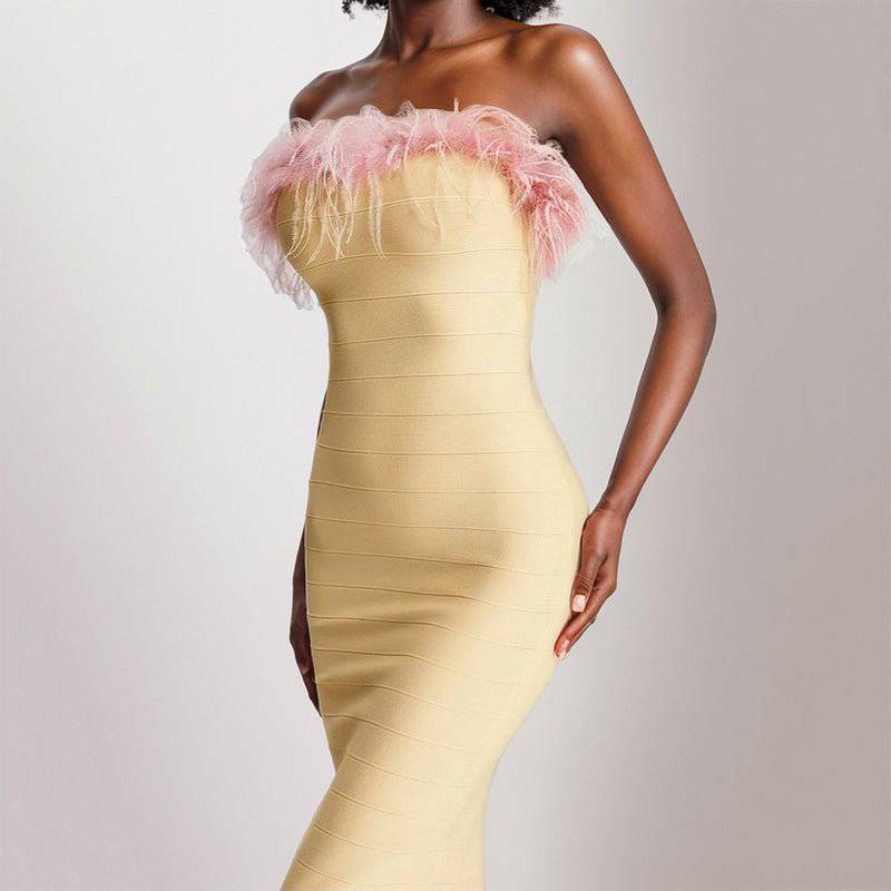 Olivia Strapless Fuzzy Trim Tube Midi Dress