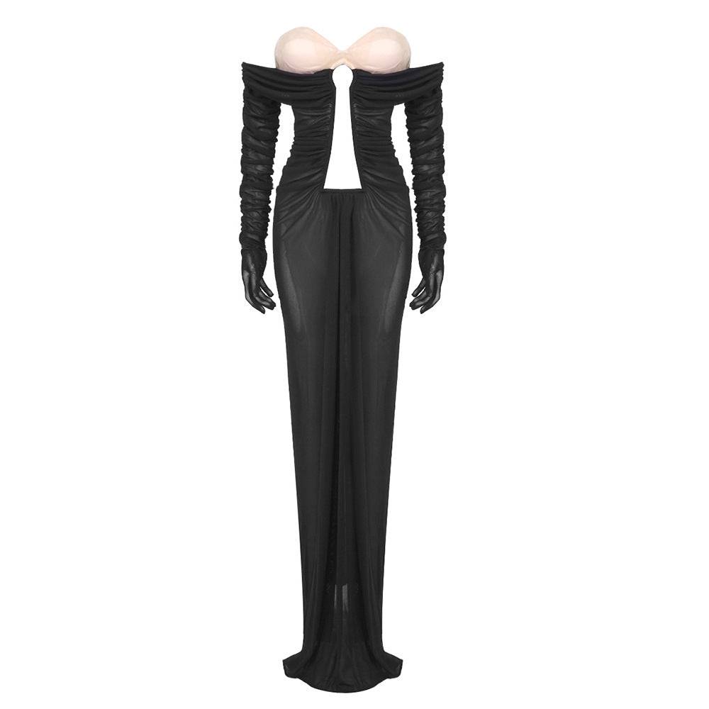 Rosie Off The Shoulder Bustier Ruched See-Through Maxi Dress