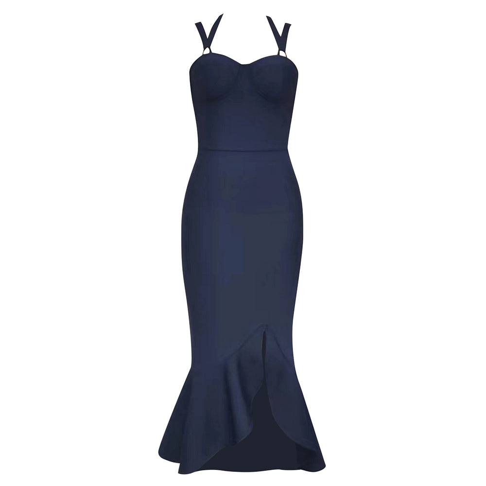 Vestido midi sexy con escote halter y espalda descubierta con dobladillo de sirena de Valencia