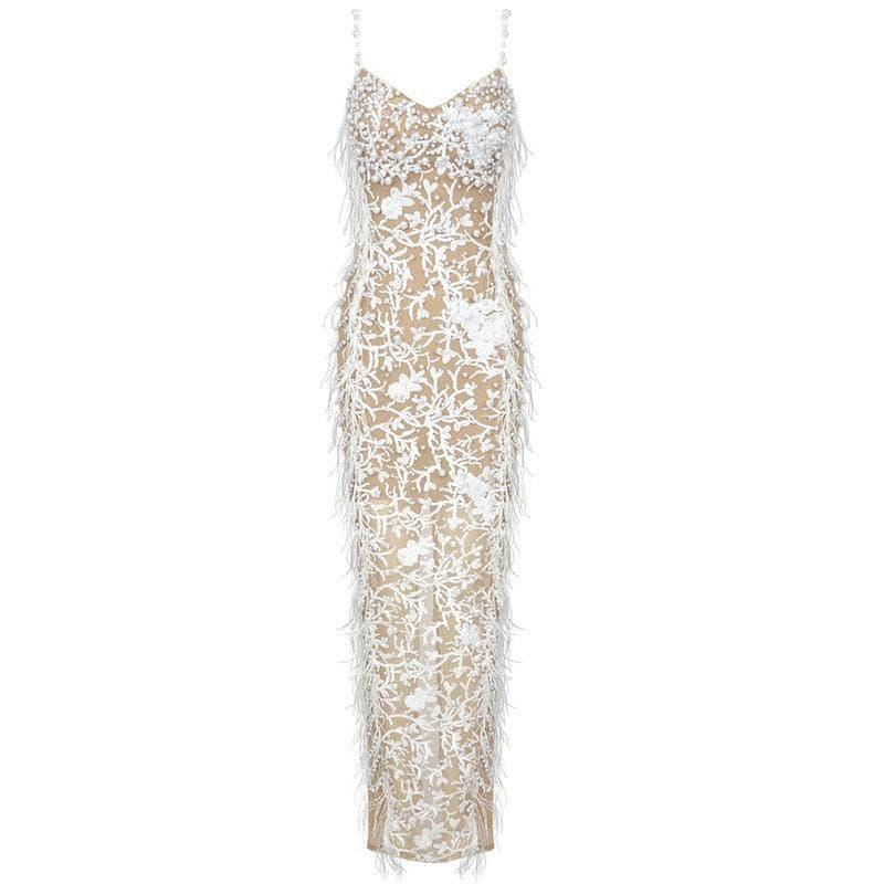 Alivia Spaghetti Strap Sequined Feather Maxi Dress