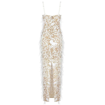 Alivia Spaghetti Strap Sequined Feather Maxi Dress