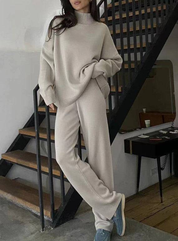 Pearly High Neck Slit Hem Sweater & Knit Pants