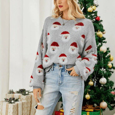 Grace Round Neck Long Sleeve Printed Pullover Sweater