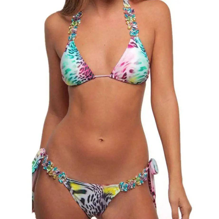 Lucy Leopard Halter Crystal Diamond Bikini Set