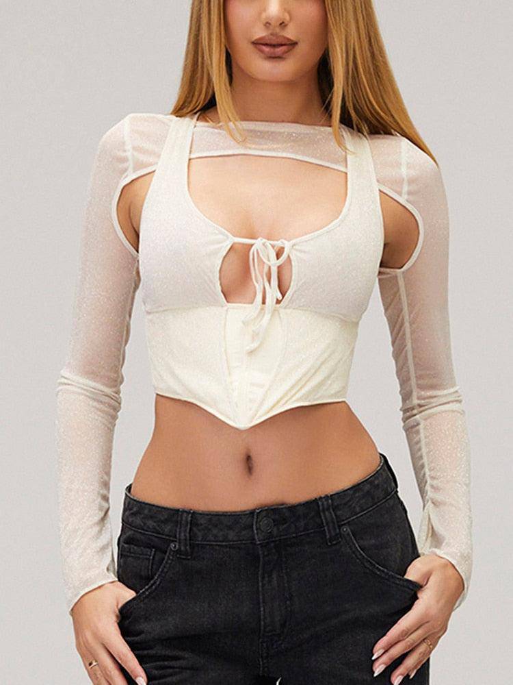 Silvana Double Deck Elastic Boning Lace up Hollow out Tank Top