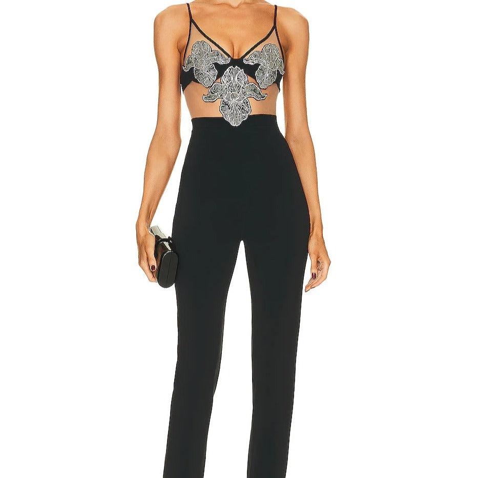 Jamie Sleeveless Spaghetti Strap Crystal Flower Embroidered Jumpsuit - Hot fashionista