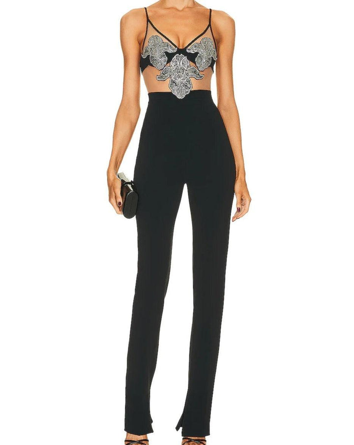 Jamie Sleeveless Spaghetti Strap Crystal Flower Embroidered Jumpsuit - Hot fashionista